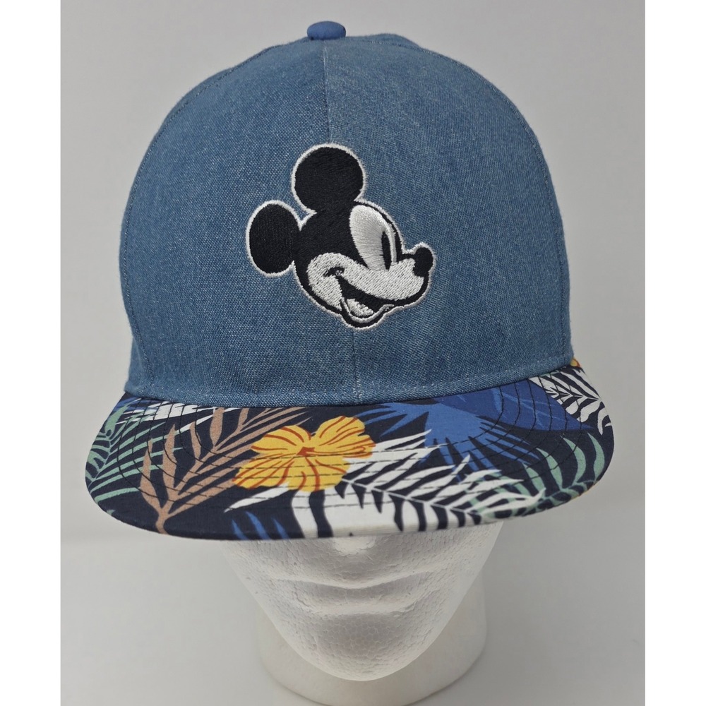 Disney Mickey Mouse Strapback Hat Youth Blue Denim Tropical Floral Brim Cap